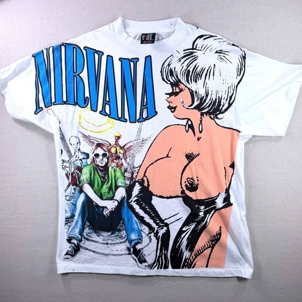 Vintage Nirvana Giant Tultex XL Rare Single Stitch All Over Print Band T Shirt R